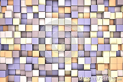 3d illustration: mosaic abstract background, colored blocks purple - violet - brown - beige color. Range of shades. Wall of cubes. Cartoon Illustration