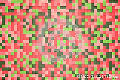 3d illustration: mosaic abstract background, colored blocks red, rose, pink, light and dark green, verdant, leafy, emerald color. Cartoon Illustration