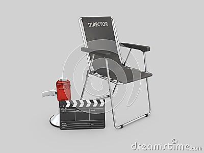 3d Illustration of movie director chair with clapperboard and megaphone Stock Photo
