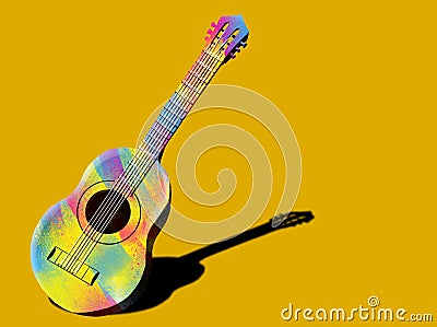 Multi-colored guitar on a yellow background. Cartoon Illustration