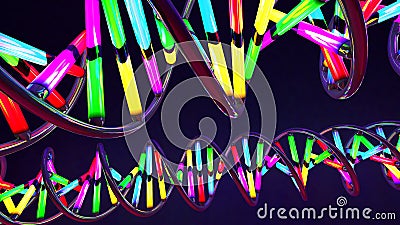 Multicolored neon light-like twisted DNA strand made of glass and metal Cartoon Illustration