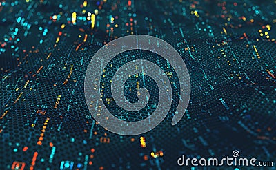 3D illustration of network field of code strings Cartoon Illustration
