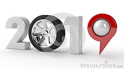 3D illustration of 2019, the new Millennium, a symbol with a car wheel and a GPS navigation pin, the idea of technology Cartoon Illustration