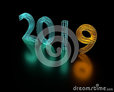 3d illustration 2019 New Year wireframe neon light. Cartoon Illustration