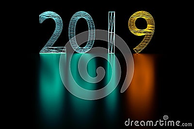 3d illustration 2019 New Year wireframe neon light. Cartoon Illustration