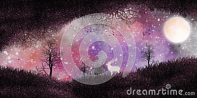 3d illustration night landscape. moon, trees, deer in black herbs. light galaxy background Cartoon Illustration