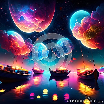3D illustration of the night sky with clouds and ships in the water generative AI Cartoon Illustration