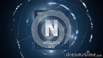 Nitrogen as Element 7 of the Periodic Table 3D animation on blue background Cartoon Illustration