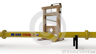 3D illustration of NORD STREAM-2 gas pipeline, blue color, cut off by guillotine. The idea of opposing the EU`s policy and energy Cartoon Illustration