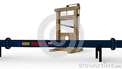 3D illustration of NORD STREAM-2 gas pipeline, blue color, cut off by guillotine. The idea of opposing the EU`s policy and energy Cartoon Illustration