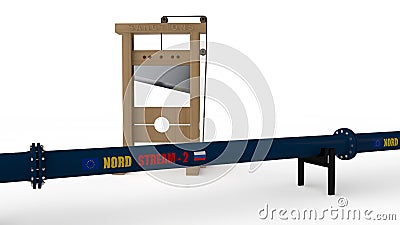 3D illustration of `North stream ` pipeline and the guillotine. The idea of us sanctions against Russia in the construction of the Cartoon Illustration