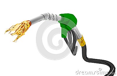 3D illustration, nozzle pumping gasoline in a tank, of fuel nozzle pouring gasoline over white background. Cartoon Illustration