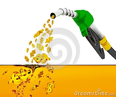 3D illustration, nozzle pumping gasoline in a tank, of fuel nozzle pouring gasoline over white background. Cartoon Illustration