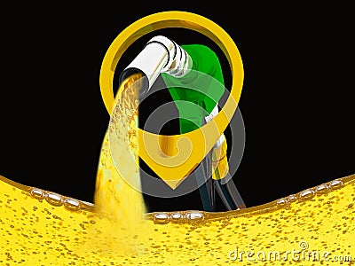 3D illustration, nozzle pumping gasoline in a tank, of fuel nozzle pouring gasoline over white background. Cartoon Illustration