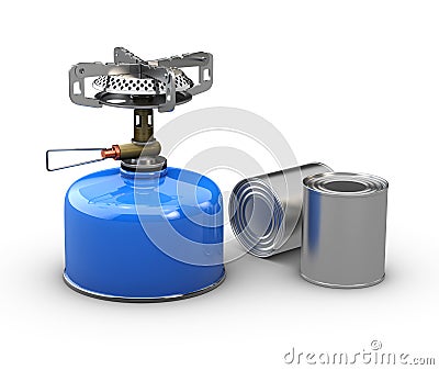 3d Illustration o Tin cans and Portable Camping stove, white Stock Photo