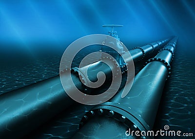 3d Illustration of oil pipeline lying on ocean bottom under water Stock Photo