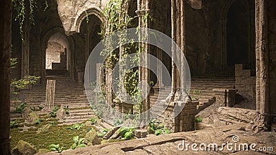 3D illustration of an old medieval fantasy gothic temple ruin built in a mountain cave Stock Photo