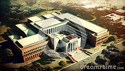 3D illustration of an old school building in a city. 3D rendering Cartoon Illustration