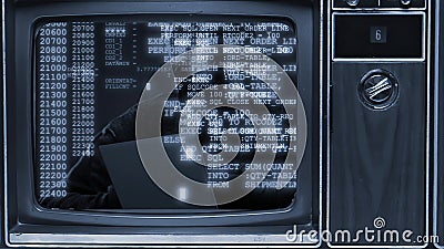 old tv with Computer program codes running on screen Cartoon Illustration