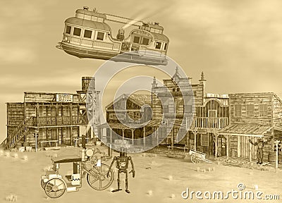 3D Sepia Tone illustration of Old Western Steam Punk Scene Cartoon Illustration