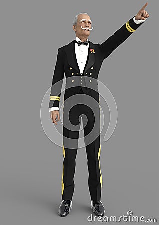 3D-illustration of an older elegant cartoon butler in military uniform Stock Photo
