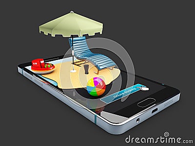 3d Illustration of Online booking mobile app mockup showcase, Sun umbrella, chair and toys on the smart phone, isolated Stock Photo