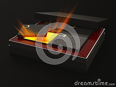 3d Illustration of open rectangular box with boxes and rays inside, isolated black background Stock Photo