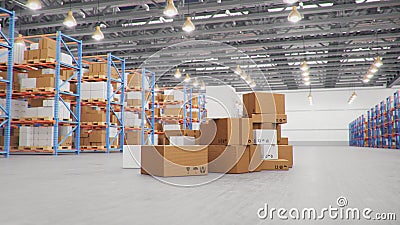 3D Illustration packages delivery, parcels transportation system concept, heap of cardboard boxes in middle of the Stock Photo