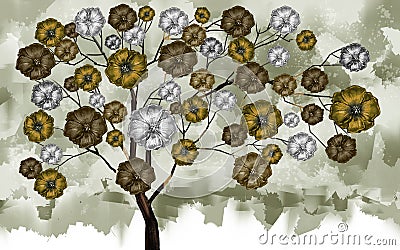 3d illustration painted mural wallpaper. tree with golden and white and brown flowers in light background Cartoon Illustration