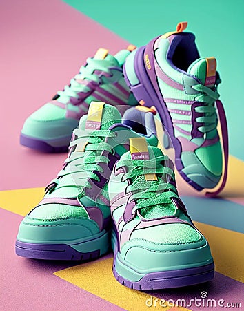 3D illustration of a pair of children's shoes. Colorful with a design that fits the posture of children's feet. Cartoon Illustration