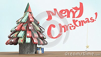 3D Illustration of a paper christmas tree, with presents on wood floor and christmas wishes. Stock Photo