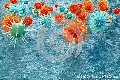 3D illustration pathogenic viruses causing infection in host organism. Viral disease epidemic. Virus abstract background Cartoon Illustration