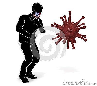 3D illustration. A person wearing an America flag mask. Get sick. Symptoms worsen. Stock Photo
