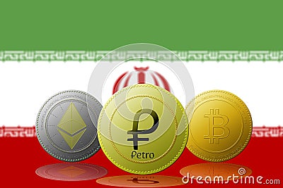 3D illustration PETRO,ETHEREUM,BITCOIN,cryptocurrency with IRAN flag on background Cartoon Illustration