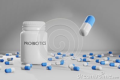 3D illustration of pills with probiotics for gut health, medical and health care concept Cartoon Illustration