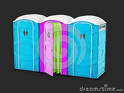 3d illustration of Pink Bathroom and Blue bio toilets isolated on black background. Cartoon Illustration