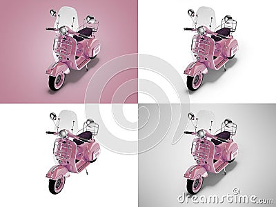 3D illustration of pink group of scooters for delivery in the city of different colors Cartoon Illustration