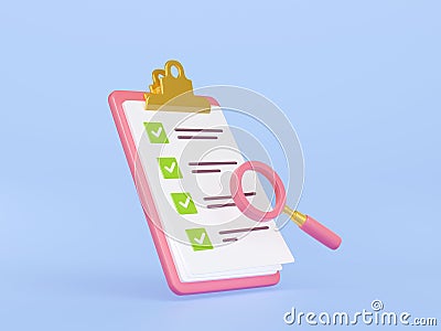 3D illustration pink magnifying glass, checklist Cartoon Illustration