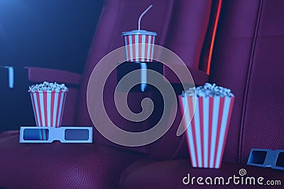 3D illustration with popcorn, 3d glasses and chairs, with blue light. Concept cinema hall and theater. Red chairs in the Cartoon Illustration