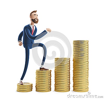3d illustration. Portrait of a handsome businessman Billy with a stack of money. Cartoon Illustration