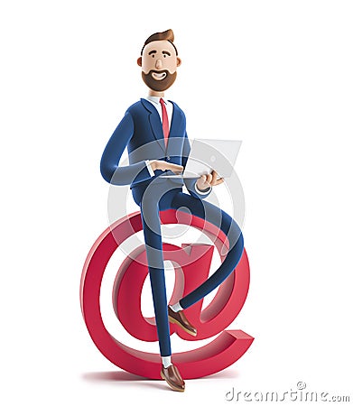 3d illustration. Portrait of a handsome businessman with laptop and at sign. Social media concept. Cartoon Illustration