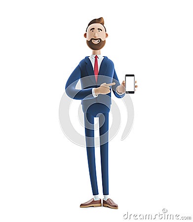 3d illustration. Portrait of a handsome businessman with mobile phone Cartoon Illustration