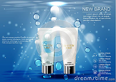 3D illustration poster with moisturizing cosmetic premium products, blue background with beautiful tubes and beams of Vector Illustration