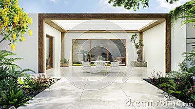 3D illustration of private luxury wooden pergola with translucent materials Stock Photo
