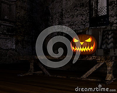 Illustration of a pumpkin on a table in a deserted room Cartoon Illustration