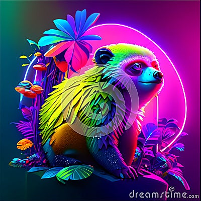 3d illustration of a rainbow bear in the jungle with tropical leaves. generative AI Cartoon Illustration