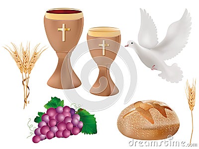 3d illustration realistic isolated christian symbols: wood chalice with wine, dove, grapes, bread, ear of wheat Cartoon Illustration