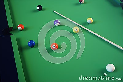 3D illustration recreation sport. Billiards balls with cue on green billiards table. Billiard sport concept. Pool Cartoon Illustration