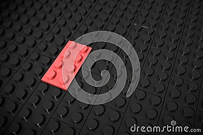 3d illustration: red different toys piece lies separately on a black background is inserted in the groove. Business concept: uniqu Cartoon Illustration