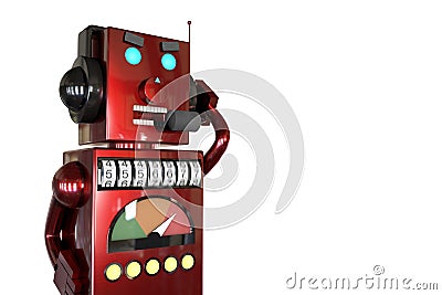 3d illustration: red metal robot in headphones with headset calls customers with annoying ads, dials the phone number randomly, sp Cartoon Illustration